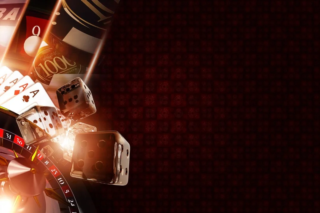 Casino gaming background with playing cards, dice, and roulette wheel