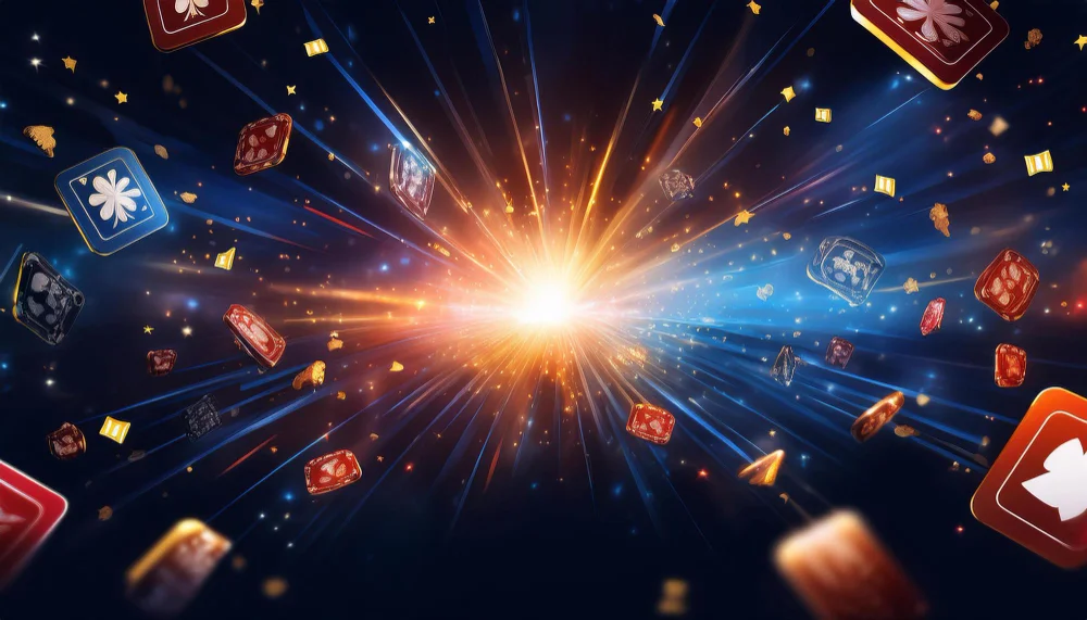 Casino celebration background with playing card suits and light bursts
